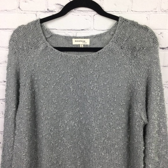 Monteau Los Angeles Grey Swiss Dot Lace Hem Boat Neck Pullover Sweater L - Picture 2 of 16